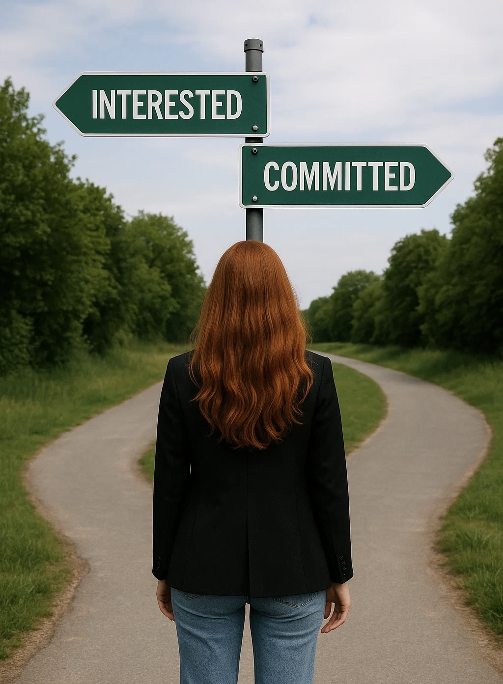 Woman standing at a crossroads, one sign saying “Interested” and the other “Committed”