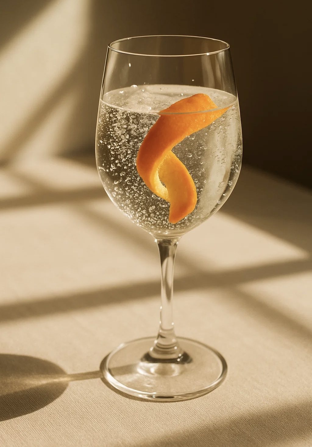 A close-up of a stemmed wine glass filled with sparkling water and a twist of orange, sitting on a sunlit table, symbolic of alcohol-free rituals.