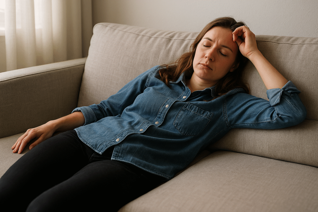 A woman lying down fully clothed on a sofa in daylight. Exhausted but not dramatic