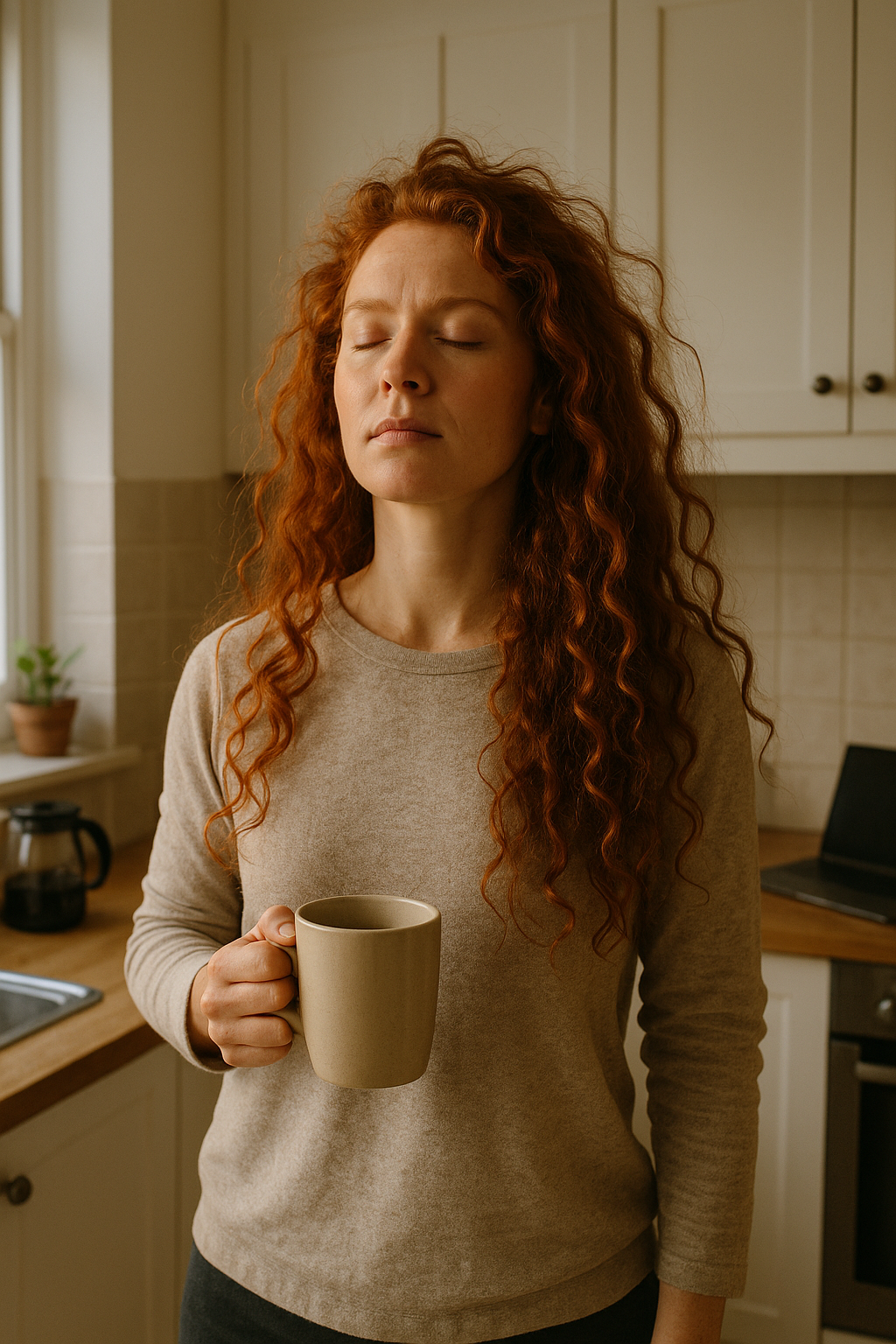 A woman pausing in her kitchen with morning light streaming in, taking a deep breath and resetting before the day begins; symbolising calm, focus, and reinvention.