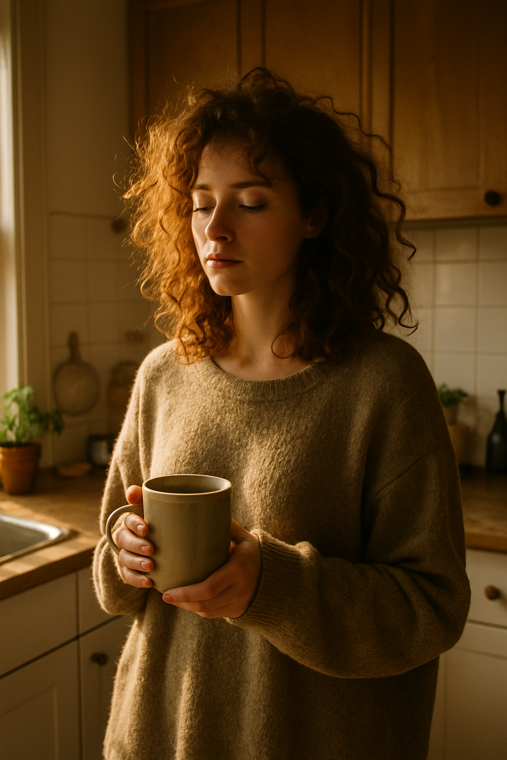 A woman drinking her tea while it’s still hot, standing in her kitchen in soft morning light, representing choosing yourself first