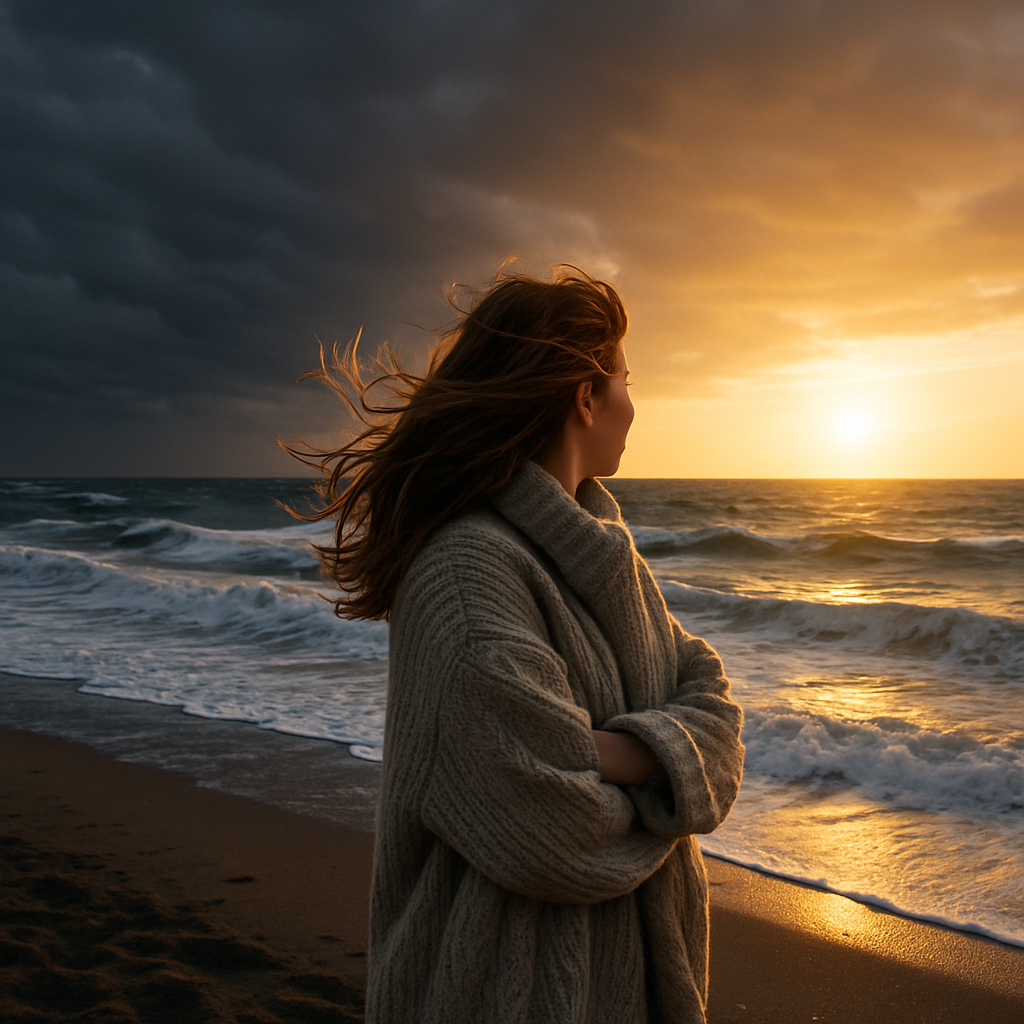 A woman standing on a windy beach at sunrise, facing the crashing waves with golden light breaking through the clouds; symbolising polarity and finding purpose in chaos.
