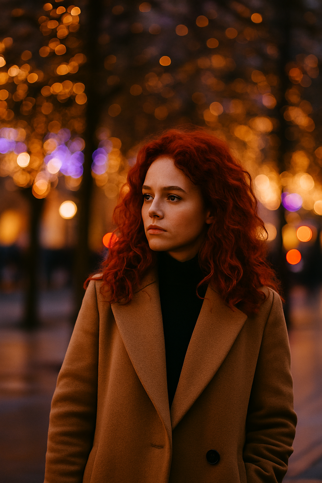 Woman in winter coat standing near soft Christmas lights looking thoughtful, symbolising December identity shifts and reinvention.