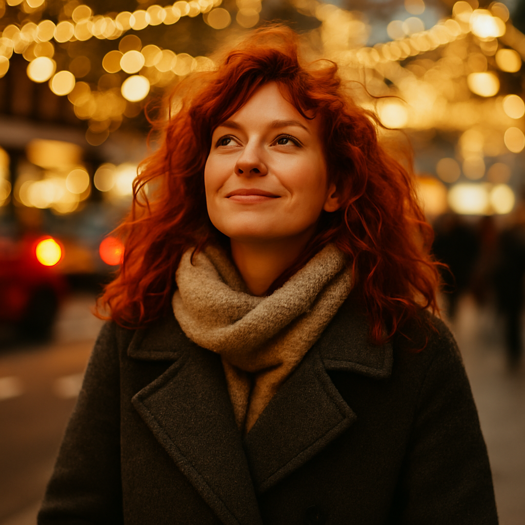 Woman with messy red curly hair standing in winter lights, looking reflective during the December end-of-year reinvention season.