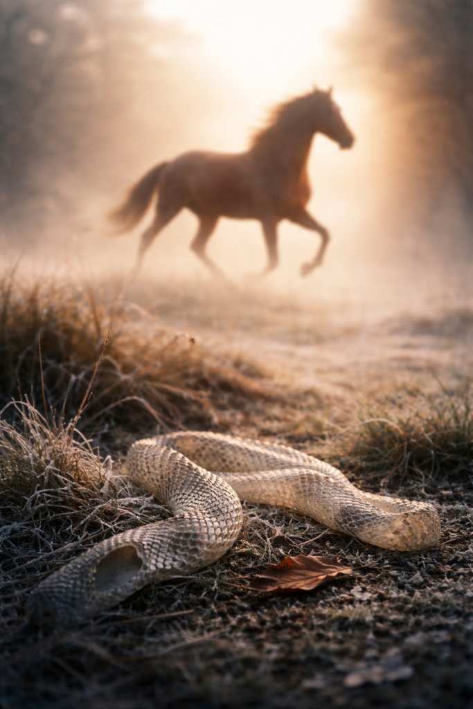 Symbolic image representing personal reinvention: a snake shedding its skin transitioning into the powerful energy of a running horse, reflecting endings and new beginnings during Twixtmas.