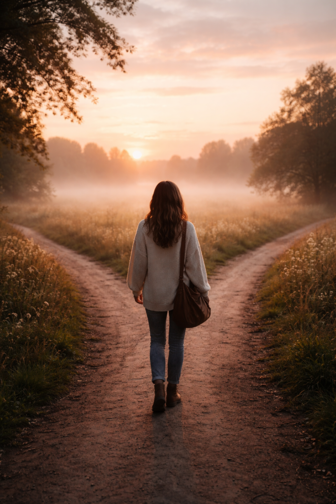 Woman standing at a crossroads symbolising vision and clarity in the messy middle of life