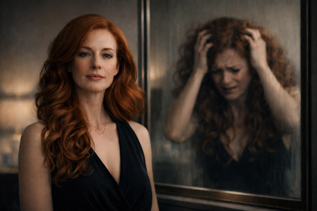 Red-haired woman standing calmly in front of a mirror, with a distorted and chaotic reflection looking back at her
