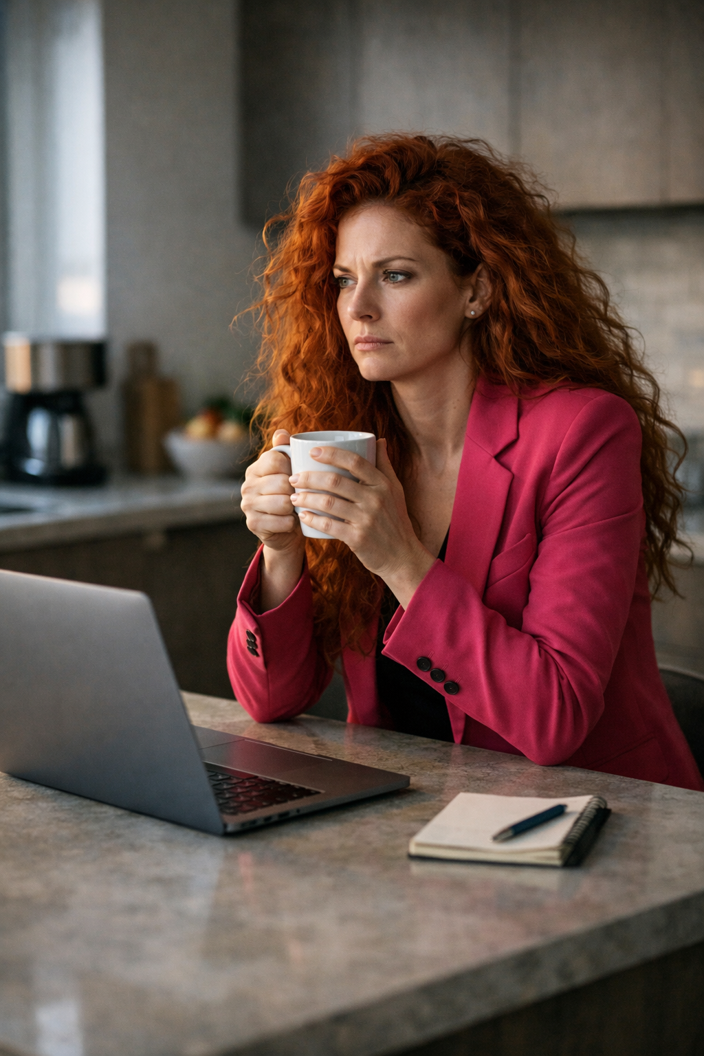 High-achieving woman sitting at kitchen table early morning looking thoughtful, representing burnout and control in professional women.