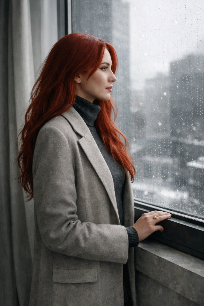 Confident professional woman in winter, symbolising identity-led self-leadership