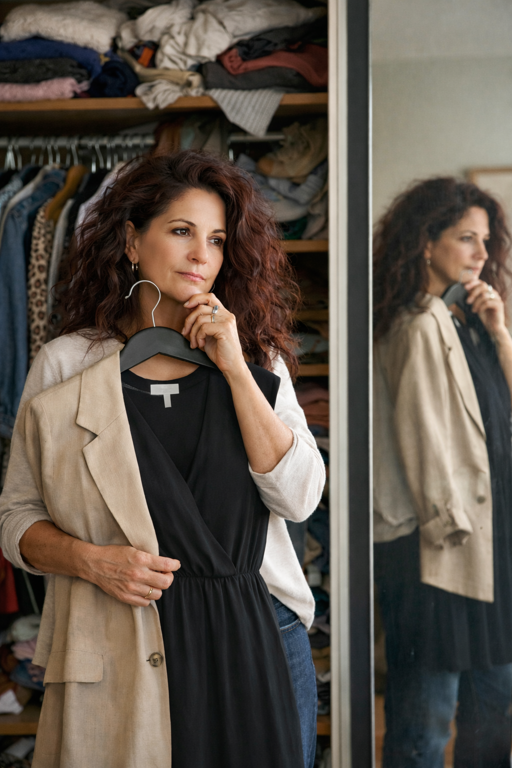 woman looking at clothes in wardrobe feeling like she has nothing to wear identity reinvention concept