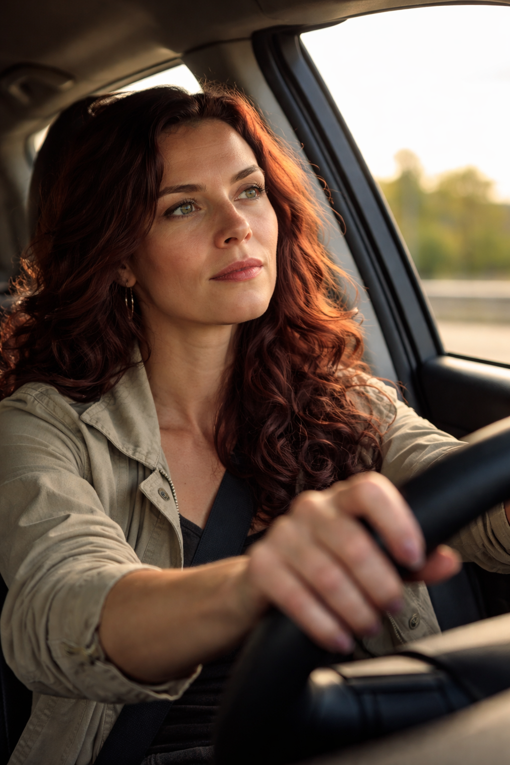 High achieving woman reflecting on identity reinvention and life change while driving