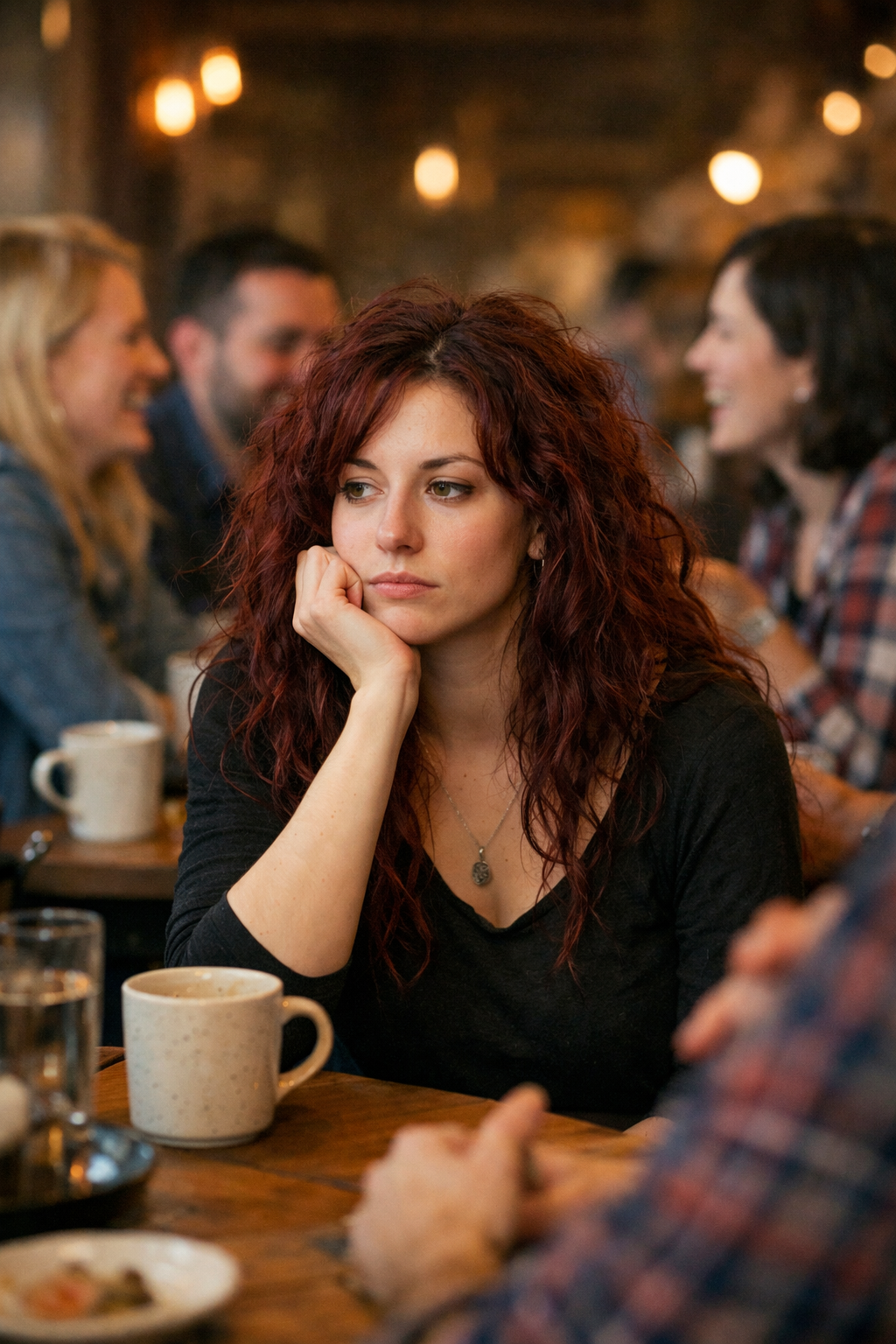 Woman feeling disconnected in a social setting after personal growth