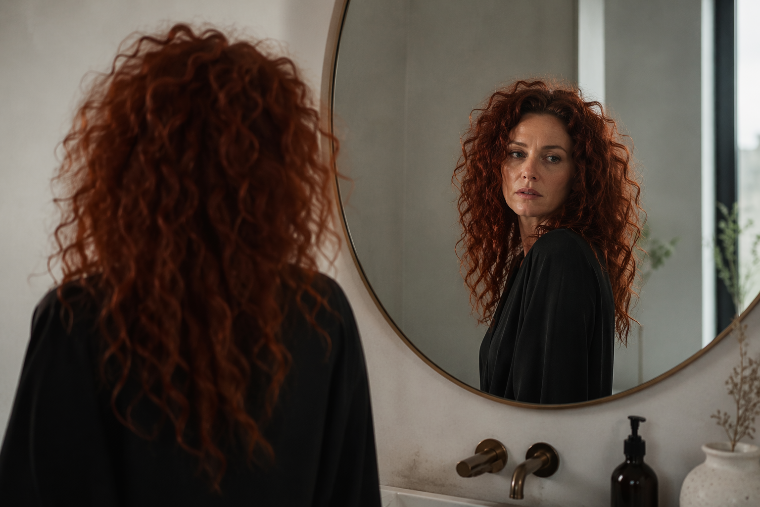 Woman looking at her reflection with a sense of disconnection, symbolising identity and self-awareness