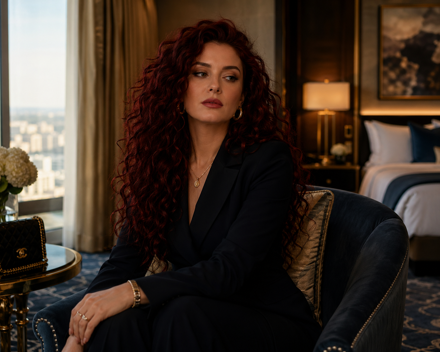 Successful woman sitting in a luxury setting looking composed but emotionally disconnected, representing hidden burnout and identity misalignment