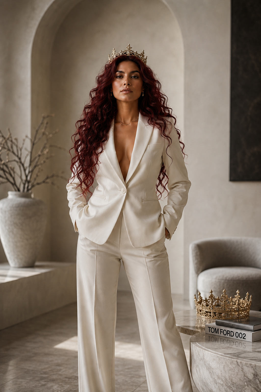 Confident woman wearing a subtle crown in a luxury setting, representing identity design and stepping into a powerful new self