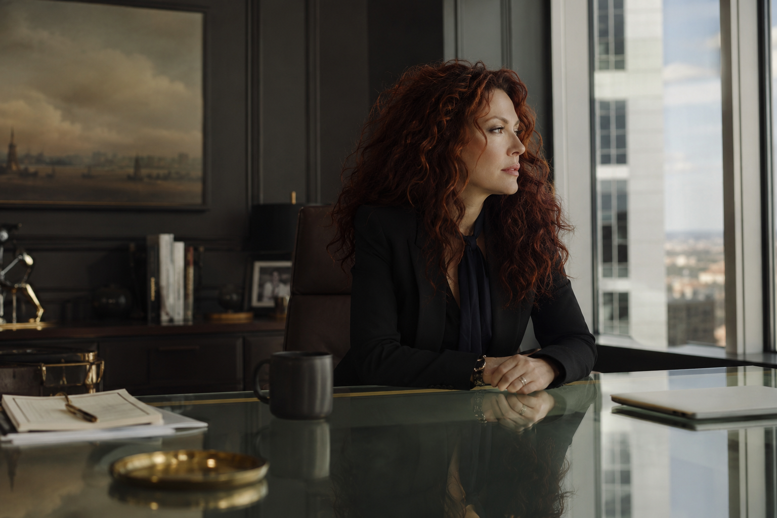 Can I do this for 20 more years? A polished woman with long dark red curly hair sits alone at a glass desk in a high-rise office, gazing out of the window. Her expression is quietly distant. Soft cinematic lighting.