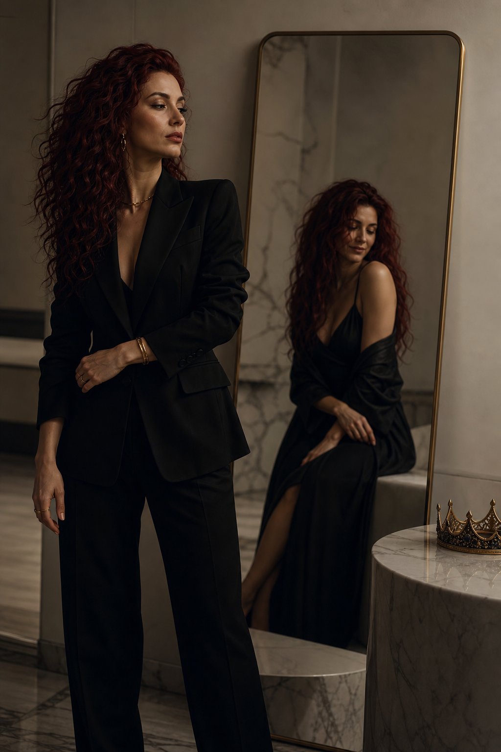 Your Sovereign Self Confident woman with a crown looking at her reflection, symbolising identity, authenticity, and reconnecting with her true self