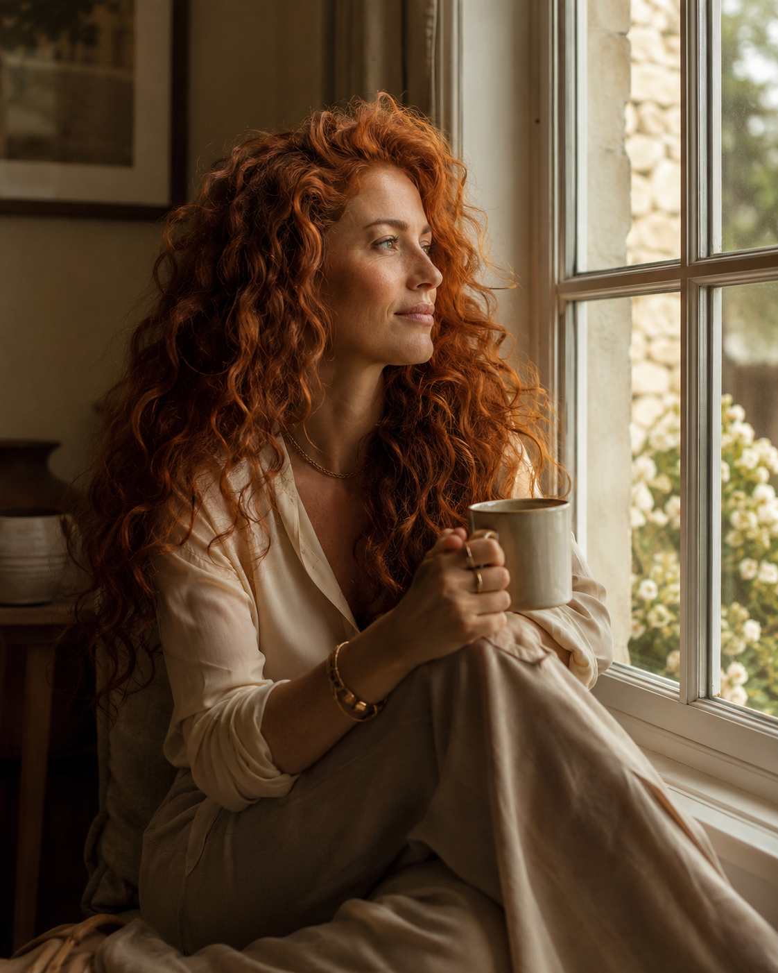 A confident woman sitting by a window in warm light, holding a coffee cup and looking out thoughtfully, representing identity reinvention and the decision to stop waiting to feel ready.