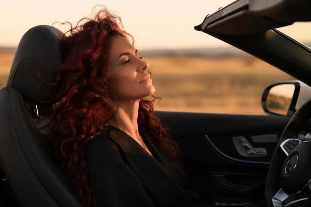 A woman alone in a car, roof down or window open, golden hour light, eyes closed or gazing into the distance. No phone. No performance. Just a private moment of stillness and thought.