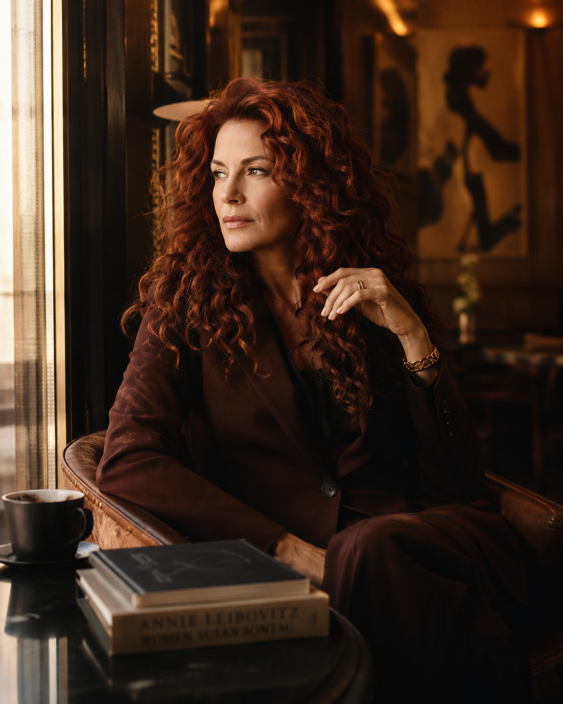 Thoughtful woman in reinvention A high-achieving woman in her late 40s sitting quietly in a premium setting, reflecting on identity reinvention and what comes next
