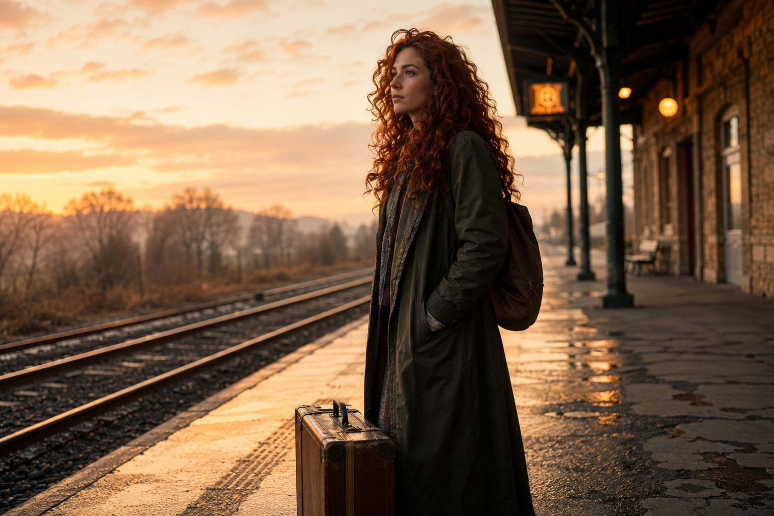 A woman standing on a train platform with a suitcase at dawn, symbolising a life transition and personal reinvention.